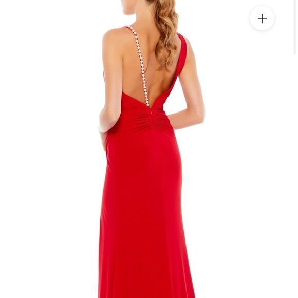 NWT ASYMMETRICAL PEARL STRAP V-NECK GOWN, Red 8 - Picture 3 of 5